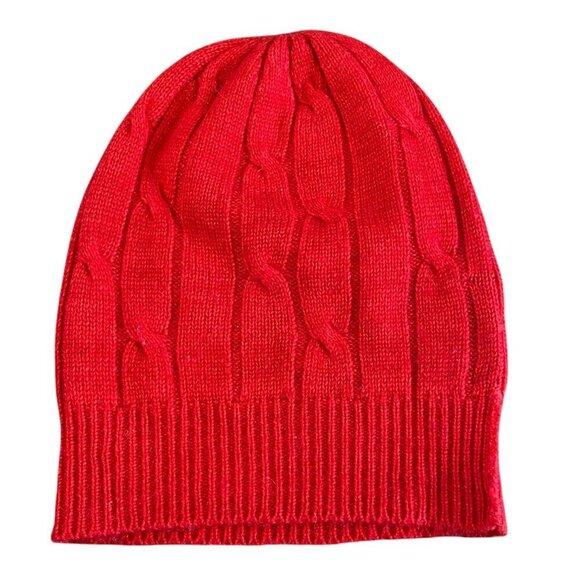 100% Cashmere Red Cable-Knit Beanie Cap, Helping Hand Handlooms #340F - Picture 3 of 8